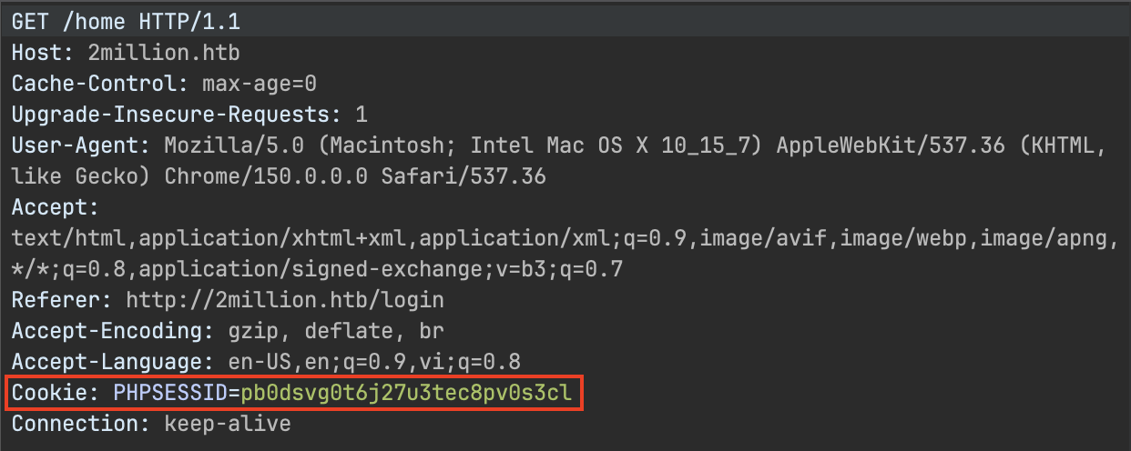 PHP session cookie captured in Burp Suite